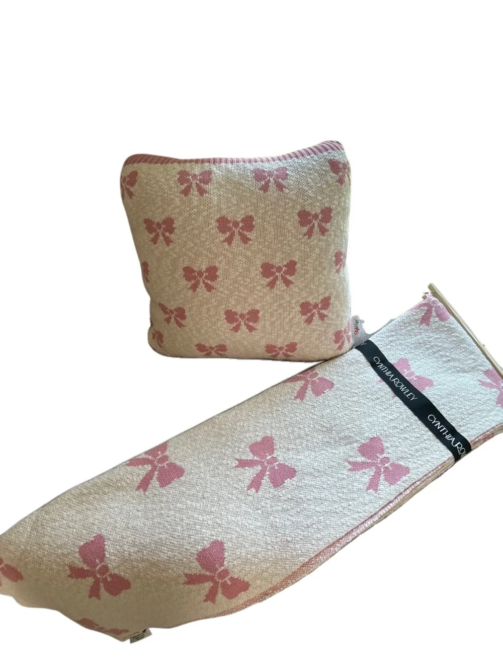 Cynthia Rowley Coquette Pink Bow Knit Throw Blanket & Pillow Matching Bundle Set